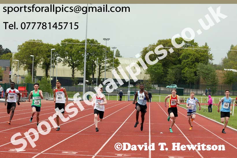 Boys under-15s 100 metres, 2019 North Eastern Track and Field Champs., Middlesbrough. Photo:  David T. Hewitson/Sports for All Pics